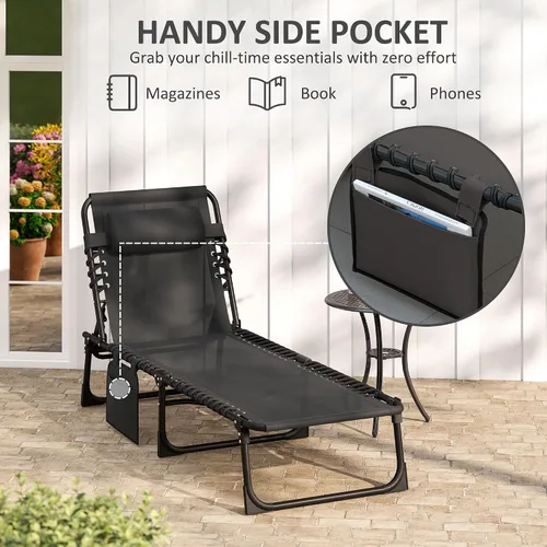 Miniatura 7 de Outsunny Tumbona plegable para exteriores, silla de bronceado con bolsillo lateral, correa de transporte, tumbona portátil para patio y playa