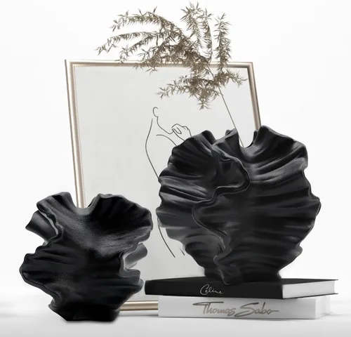 Juego de 2 jarrones de cerámica para decoración del hogar, jarrones en forma de flor en color negro con estilo Pampas minimalista nórdico boho para
