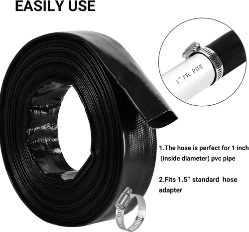 Miniatura 5 de Manguera de retrolavado de piscina de 1-1/2 pulgadas x 50 pies, manguera de descarga de agua plana de PVC reforzado de alta resistencia negra