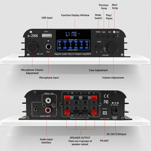 Miniatura 3 de Amplificador de Audio para el Hogar de 1200W, 4 Canales, Amplificador Pequeño Bluetooth5.0, RMS 45Wx4, Potencia Pico 300W*4, Receptor Estéreo
