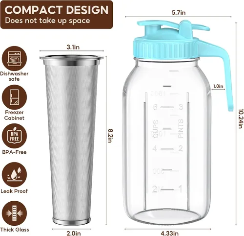 Miniatura 3 de Paquete de 2 tarros de café frío de 64 onzas, máquina de café frío de vidrio grueso con asa, filtro de acero inoxidable y tapa a prueba de fugas