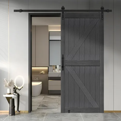 Miniatura 14 de S&Z TOPHAND® Puerta de granero doble de MDF de 18 x 84 pulgadas con kit de herrajes para puerta corredera de 6 pies, tablero sólido de puerta