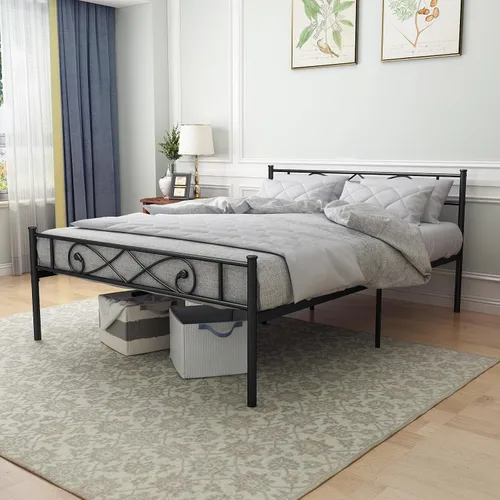 Miniatura 4 de Base de cama de plataforma metálica King con cabecero, soporte de listones de acero resistente, base de colchón, almacenamiento debajo de la cama