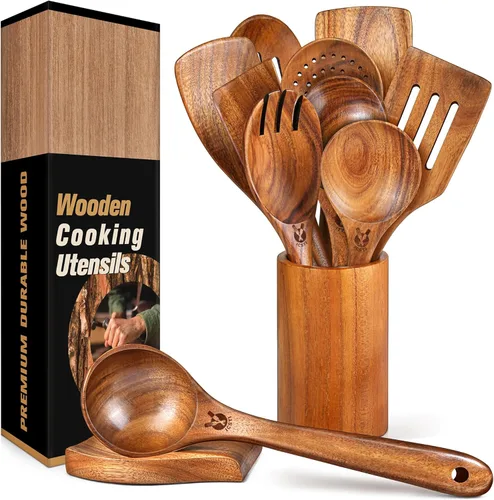 Miniatura 10 de Cucharas de madera para cocinar, 6 piezas, juego natural de utensilios de cocina de madera de teca, juego de utensilios de cocina con mango largo