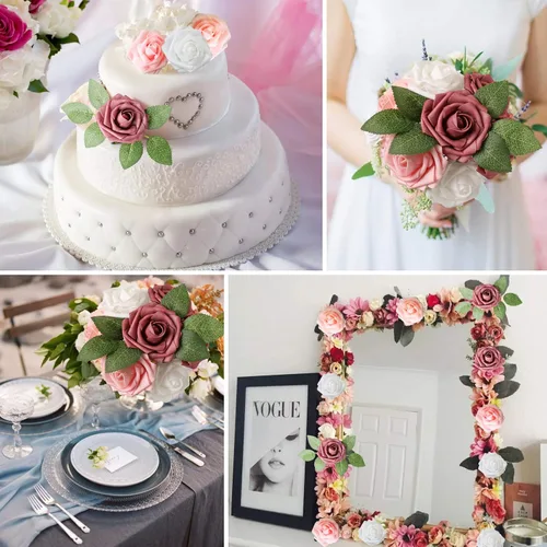 Miniatura 5 de AmyHomie Flores artificiales rosas rojas, 25 rosas falsas de aspecto real con tallo para ramos de boda, centros de mesa, arreglos de fiesta, baby