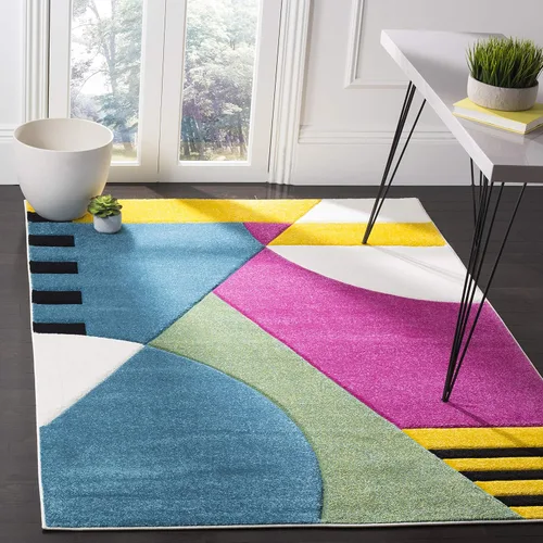 Miniatura 8 de SAFAVIEH Hollywood Collection - Alfombra para pasillo, 2 pies 3 pulgadas x 6 pies, azul pavo real y fucsia, diseño moderno de mediados de siglo,