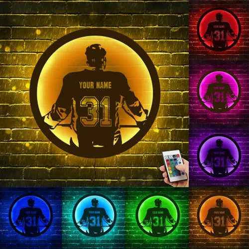 Miniatura 8 de Arte de pared de hockey con nombre y número personalizado, letrero de metal personalizado para jugador de hockey con luz LED, letrero de neón