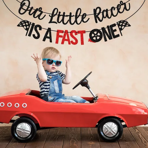 Miniatura 4 de Cartel de Our Little Racer Is A Fast One, decoraciones de cumpleaños de Fast One, decoraciones de primer cumpleaños de carreras para niño, purpurina