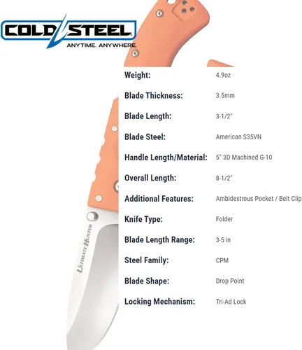 Miniatura 8 de Cuchillo plegable Cold Steel Ultimate Hunter con hoja de 3.5" S35VN de filo de navaja, mango G-10 de 5" de fácil agarre con mecanismo de bloqueo