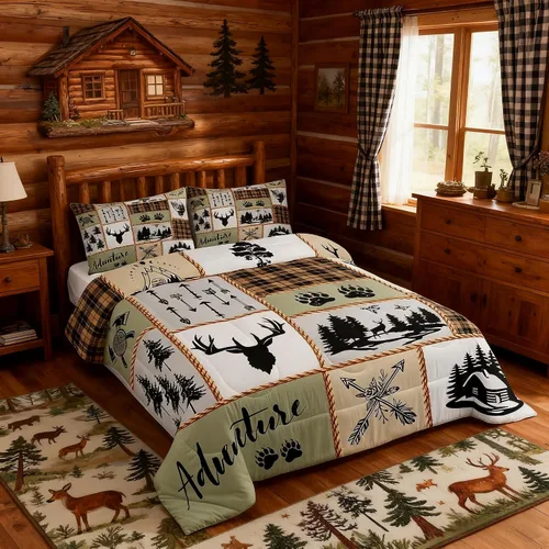 Miniatura 118 de Juego de edredón de cuernos de ciervo tamaño individual, juego de ropa de cama rústica de granja con huellas de oso y pinos para decoración