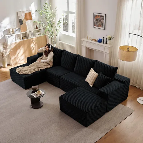 Miniatura 11 de Sofá modular Cloud de 95 pulgadas con otomana, moderno sofá nube en forma de U con asiento profundo, cómodo sofá de pana de 3 plazas, sofá de espuma