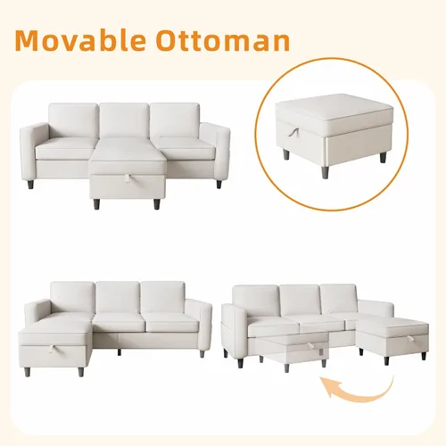 Miniatura 6 de Sofá seccional y sofás para sala de estar, sofá beige de 3 plazas en forma de L de 78 pulgadas con otomana de almacenamiento, sofás seccionales