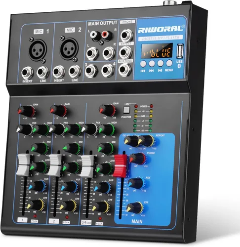 Interfaz de audio de 4 canales, mezclador de audio USB, tablero de sonido, consola de mezcla incorporada Bluetooth MP3 Entrada de computadora+48 V