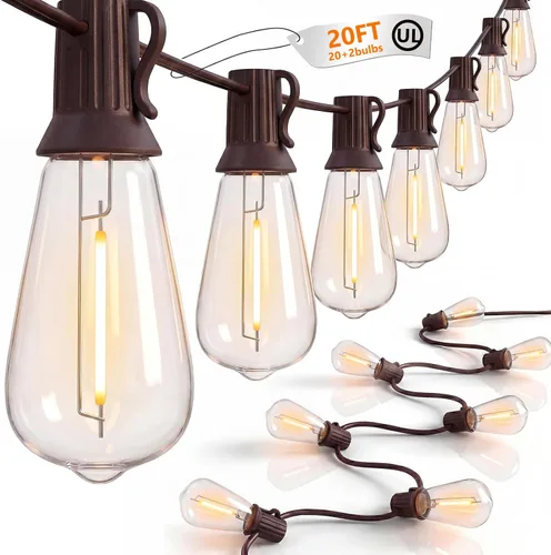 Miniatura 10 de Tira de luces LED ST40 de 20 pies para exteriores con 22 bombillas Edison vintage inastillables, tira de luces para patio, impermeable, para patio