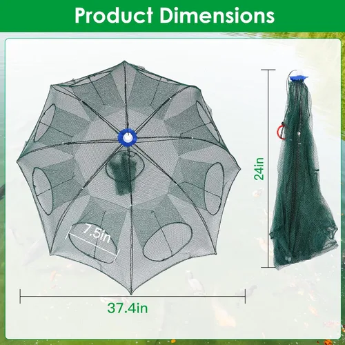 Miniatura 7 de Red plegable para trampa de peces para cangrejos, cangrejos, minnows, camarones - Jaula de cebo de pesca plegable automática con 8 entradas, fácil