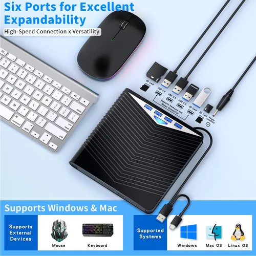 Miniatura 7 de Dainty Unidad Blu ray externa 7 en 1 lectura/escritura con quemador Bluray USB 3.0 y tipo C compatible con/Windows7-11 Mac OS Soporte para unidad