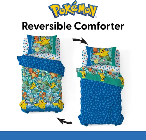 Miniatura 8 de Northwest Juego de cama individual en una bolsa – Diseño Pokémon First Starters – Juego de cama de 5 piezas con edredón, sábana bajera, sábana