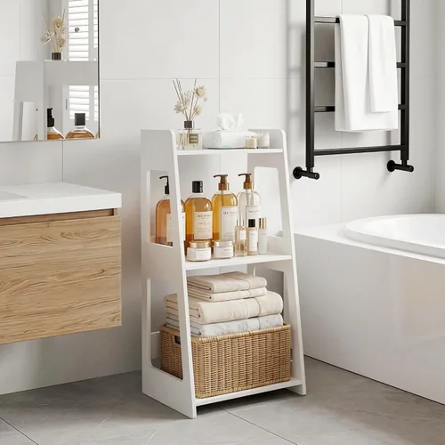 Miniatura 2 de Estante de escalera de baño de 3 niveles independiente, estantes de piso blancos, estantería abierta, mesita de noche pequeña para estudio
