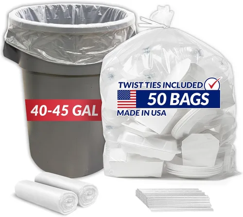 Reli. Bolsas de basura resistentes de 40 a 45 galones, 50 bolsas de basura con lazos, limpieza de basura súper grandes, transparentes y serias