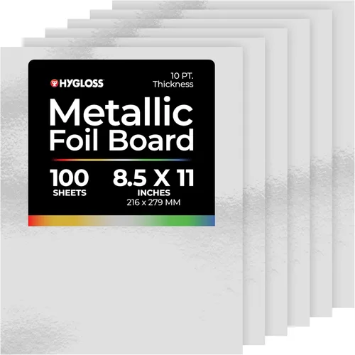 Hygloss Hojas de cartulina metálica, 100 hojas plateadas brillantes, 8.5 x 11 pulgadas, resistentes, 10 puntos, papel de cartón metálico para Plata