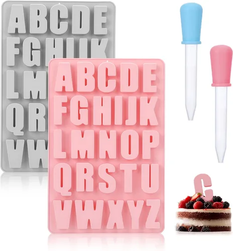 Paquete de 2 moldes de letras para chocolate, moldes de silicona para hornear con 2 goteros, moldes de letras, moldes de silicona del alfabeto,