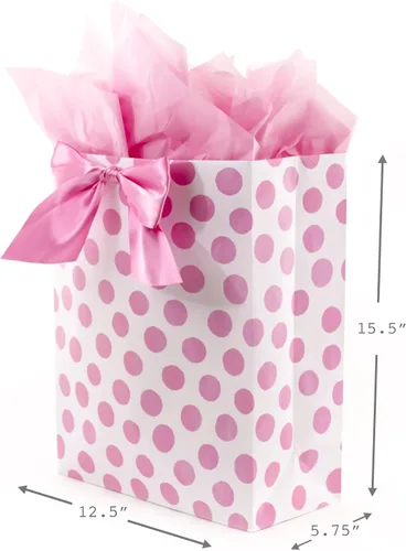 Miniatura 6 de Hallmark Bolsa de regalo extra grande de 15 pulgadas con papel de seda (lunares rosas y lazo) para cumpleaños, Pascua, baby showers, despedidas