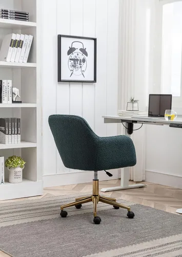 Miniatura 6 de Silla de oficina en casa, moderna silla de escritorio de tela de peluche copetuda con respaldo medio, silla giratoria ajustable para oficina