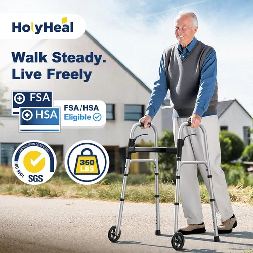 Miniatura 3 de Caminantes plegables para personas mayores, ruedas de 5 pulgadas, caminante ligero con ruedas, soporta hasta 350 libras, caminante estándar