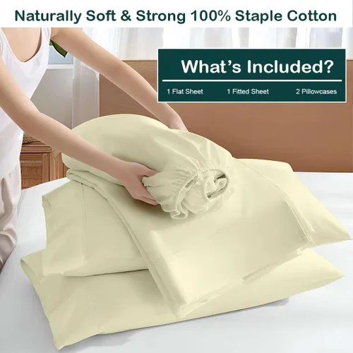 Miniatura 3 de Juego de sábanas de algodón de 4 piezas premium tamaño Full, 100% algodón egipcio, bolsillo profundo de 18 pulgadas de sábanas de algodón, marfil