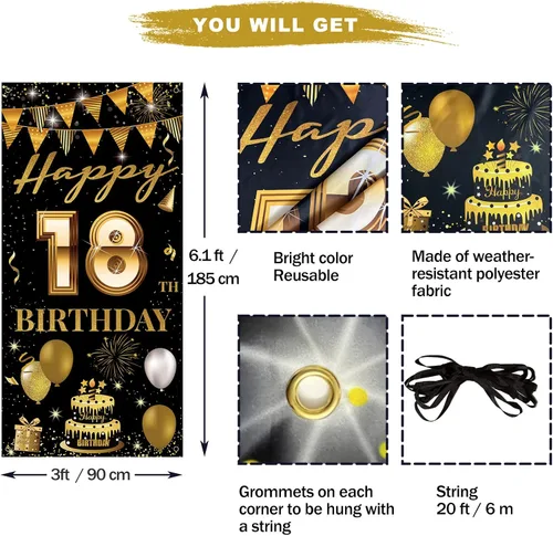 Miniatura 2 de Cartel de puerta de fiesta de cumpleaños número 18, decoración de feliz cumpleaños 18 para niñas y niños, telón de fondo negro dorado para fotos