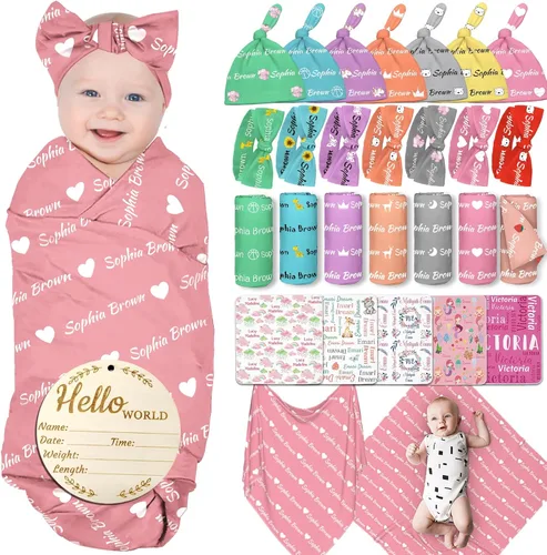 Manta personalizada para bebé niña y niño con diadema de lazo y sombrero, manta personalizada con nombre para bebé, regalos para recién nacidos