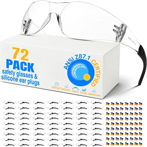 Miniatura 12 de Paquete de 12 lentes de seguridad transparentes para hombres y mujeres – Certificado ANSI Z87.1, 12 tapones de silicona para los oídos (NRR 25 dB)