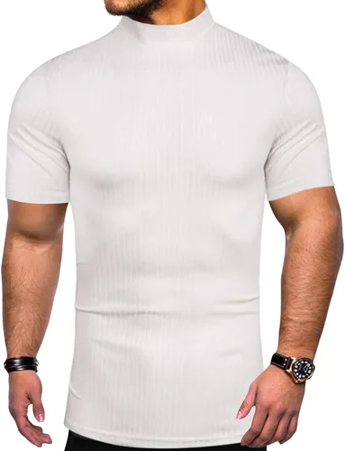 Miniatura 3 de Suéter de manga corta para hombre, cuello alto, acanalado, color sólido, básico, ajustado, ligero
