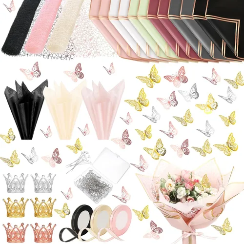 Qilery Juego de 334 piezas de papel de regalo de flores, 153 papel de regalo de ramo floral impermeable, 72 decoraciones de mariposas doradas 3D,