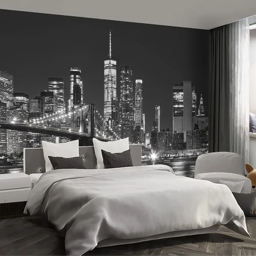 Miniatura 11 de Papel tapiz mural gris de Nueva York del Puente de Brooklyn, papel tapiz mural de paisaje urbano grande para sala de estar y dormitorio - 108"x75