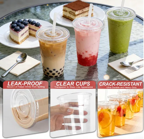 Miniatura 5 de Ginkgo Paquete de 100 vasos de plástico transparente de 16 onzas con tapas y pajitas, a prueba de fugas y resistentes, tazas desechables para café