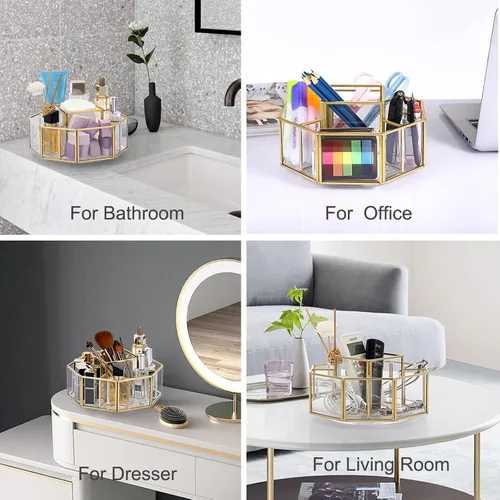 Miniatura 3 de Hipiwe Organizador de maquillaje de vidrio giratorio de 360 grados, 5 ranuras de metal dorado, soporte de exhibición de almacenamiento de cosméticos