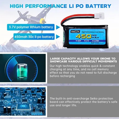 Miniatura 5 de 5 baterías Lipo de 3.7 V 450 mAh 30C con cargador 5 en 1 enchufe Molex compatible con la mayoría de drones RC, aviones de cuatro ejes y modelos