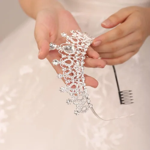 Miniatura 4 de JWICOS Corona de tiara plateada con peine para mujer, tiara de cristal elegante para novias, boda, diadema para concursos de graduación, fiesta