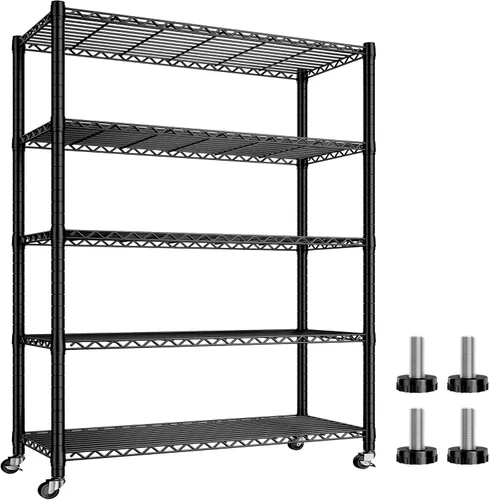 REIBII Estantes de Almacenamiento Carga 1980 LBS, Estantería de Metal de 5 Niveles con Ruedas, Estantería de Garaje Ajustable Estantes de Alambre