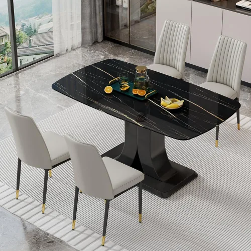 Miniatura 16 de Juego de mesa de comedor moderno para 6, juego de mesa de cocina y sillas de mármol para 6, mesa de cocina rectangular con 6 sillas tapizadas
