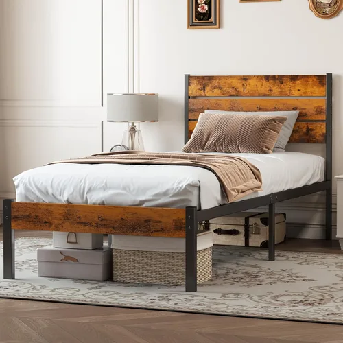 Miniatura 7 de Sweetcrispy Base de cama de plataforma de metal tamaño individual – Base de colchón con cabecera y estribo, no necesita somier, con soporte