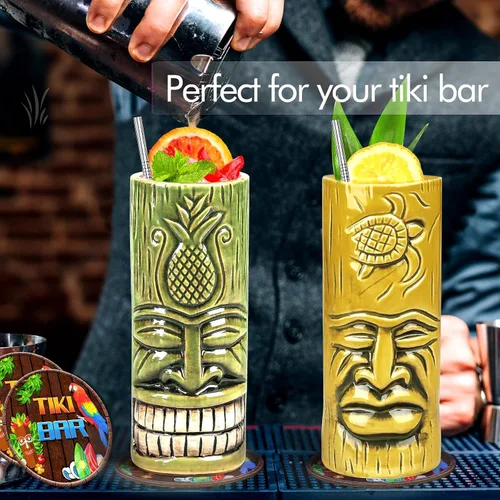 Miniatura 4 de SuproBarware Tiki - Juego de 2 tazas de cerámica para fiestas con pajitas, juego de tazas creativas grandes hawaianas grandes para bar