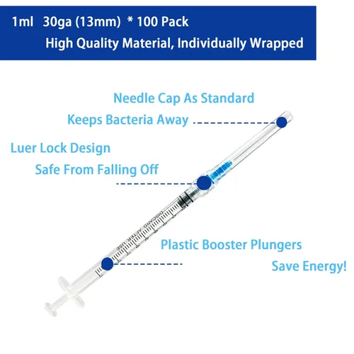 Miniatura 3 de Paquete de 100 jeringas Luer Lock de 1 ml con agujas de 23Ga (1 pulgada), jeringas y agujas desechables de plástico en embalaje individual