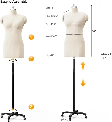 Miniatura 2 de Bonnlo Maniquí de costura femenino, talla 18, forma de vestido para exhibición y diseño de sastre, torso ajustable en altura con base de metal