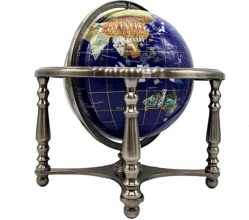 Miniatura 2 de Globo del mundo con piedras preciosas de océano azul con soporte de aleación de zinc plateado de 4 patas (8.661 in/9 pulgadas, 4 patas/azul océano)