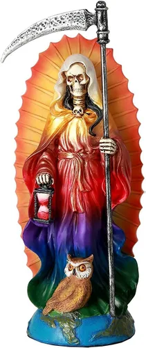 Estatua religiosa de la Santa Muerte sentada, de 9 pulgadas., Poliresina, Arcoiris (Rainbow), 9H