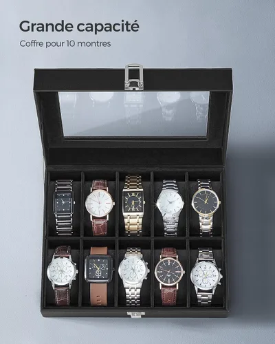 Miniatura 4 de SONGMICS Caja de reloj, caja de reloj de 10 ranuras con tapa de vidrio grande, almohadas extraíbles para reloj, organizador de caja de reloj, regalo