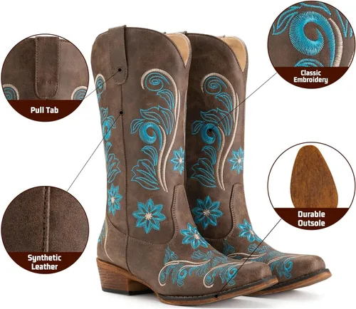 Miniatura 5 de IUV Botas vaqueras para mujer, botas occidentales de media pantorrilla, pestañas sin cierre, botas puntiagudas