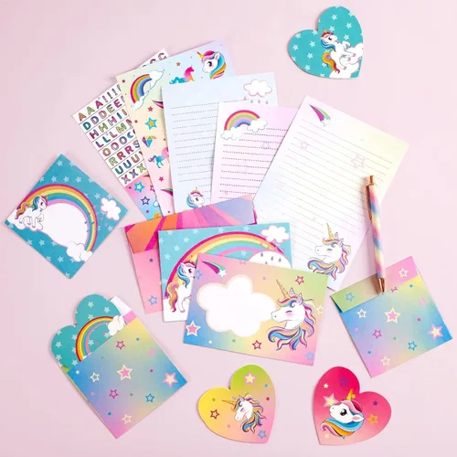 WERNNSAI Juego de 69 cartas y sobres de papelería, unicornio para niños, papel de escritura y sobre, regalos de cumpleaños de Navidad para niñas con